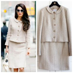 Chanel Vintage Fall 2002 Beige Green Tweed 02A Jacket Skirt Suit